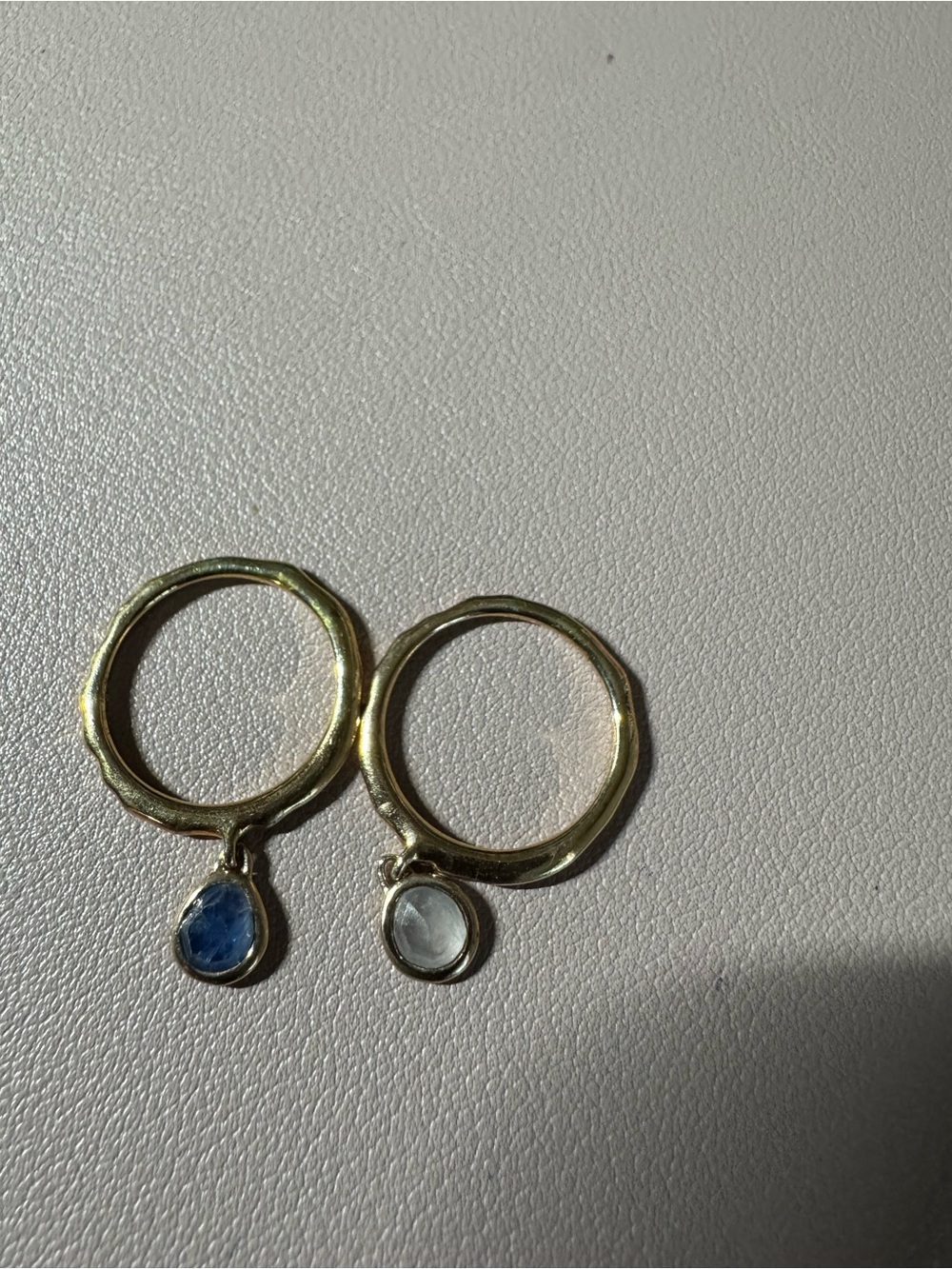 MONICA VINADER Gold Hoops with Blue and Clear Teardrop Gems stackable rings x 2
